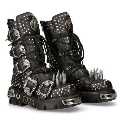 New Rock Black Leather Studded Gothic Boots-1535-S1