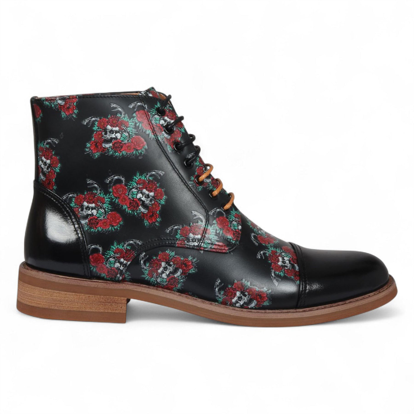 Justin Reess Men's Black Floral Leather Oxford Ankle Boots - Adam Skull