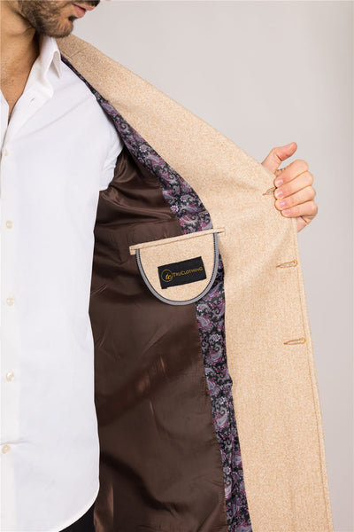 Men's Notched Lapel Collar Wool Blend Beige Overcoat
