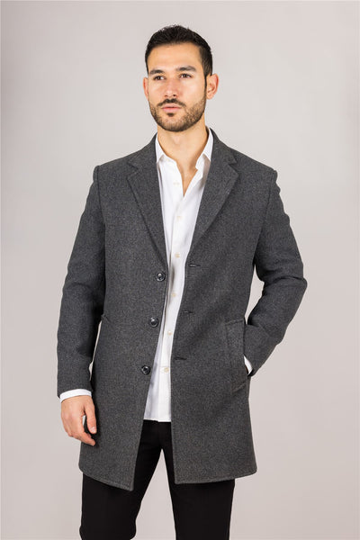 Men's Notched Lapel Collar Wool Blend Grey Overcoat