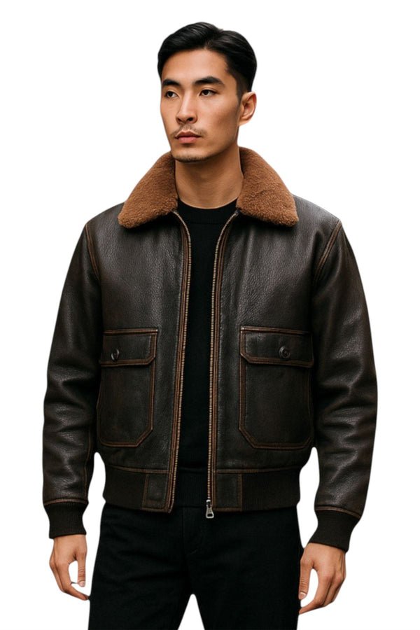 Men's Brown Leather Bomber Sheepskin Collar G-1 Pilot Jacket - Trick