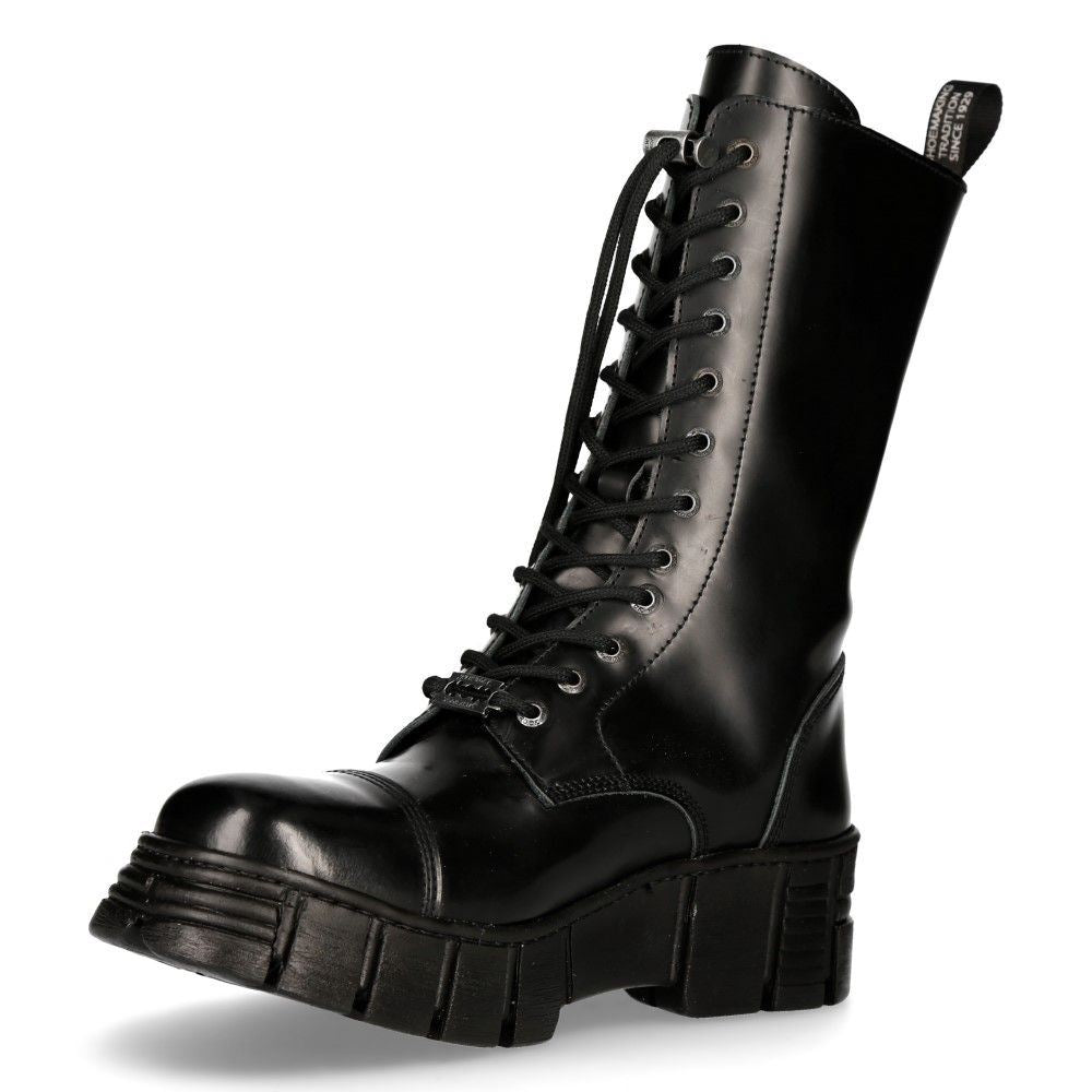 New Rock Black Leather Mid-Calf Tower Biker Boots-M-WALL127N-C1