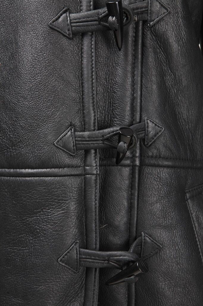 Womens Black Shearling Hooded Duffle Coat-Lille