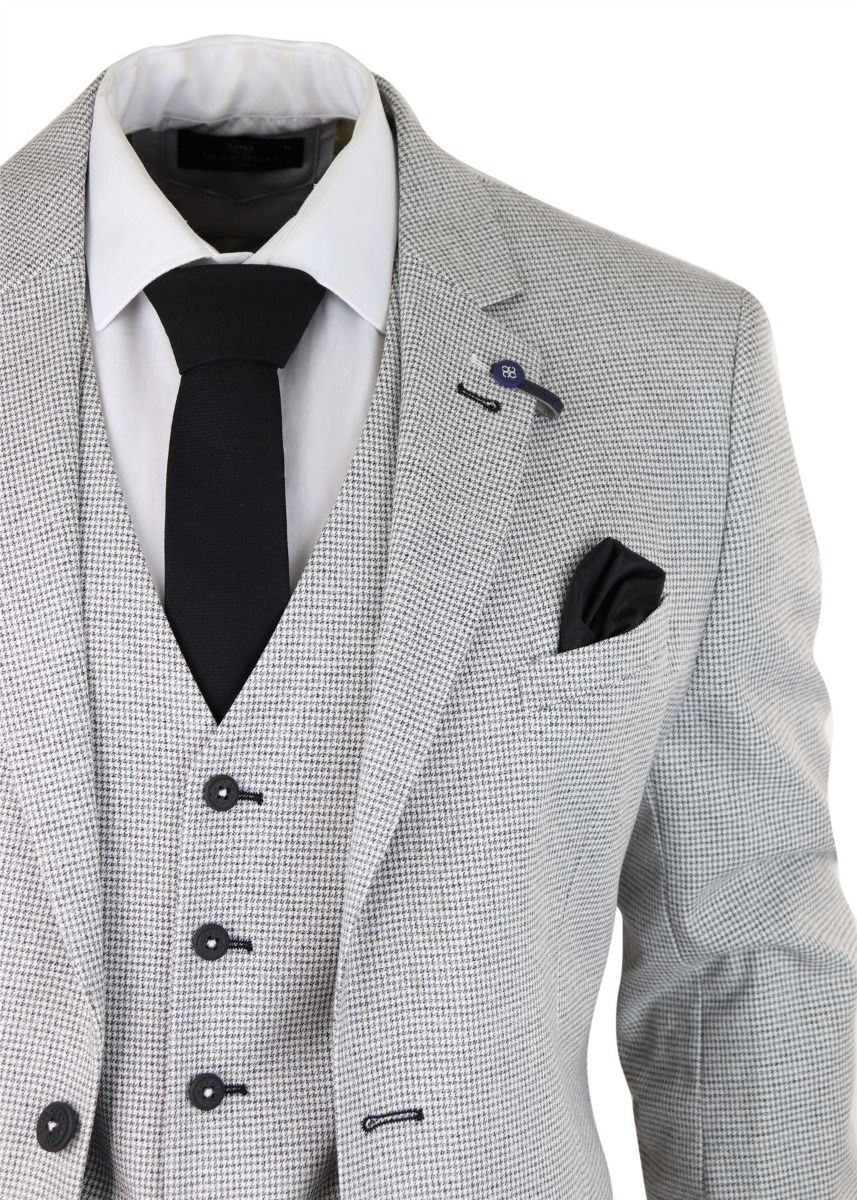 Mens 3 Piece Light Grey Check Tweed Retro Classic Suit