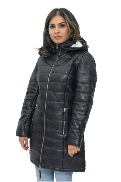 Womens Leather Puffer Parka Jacket-Andria