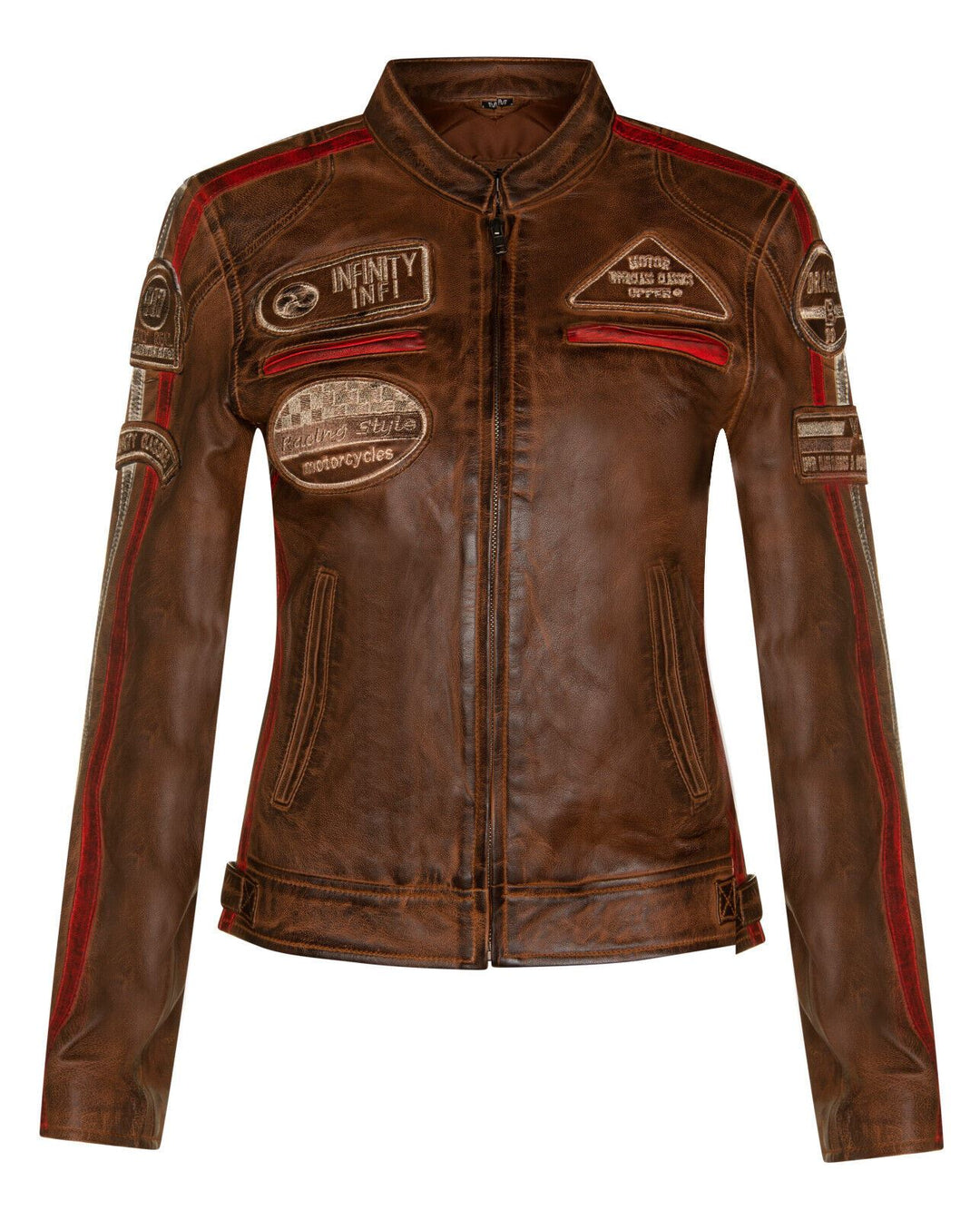 Womens Leather Biker Racing Badges Jacket-Agadir – Infinity Leather