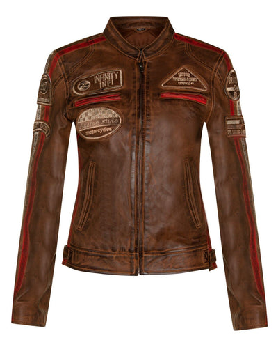 Womens Biker Racing Badges Leather Jacket-Eastleigh - Upperclass Fashions 