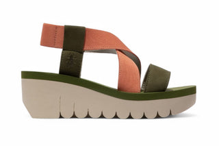 Fly London Women's YABI922FLY Green / Tea Rose Cupido Leather Wedge Sandals