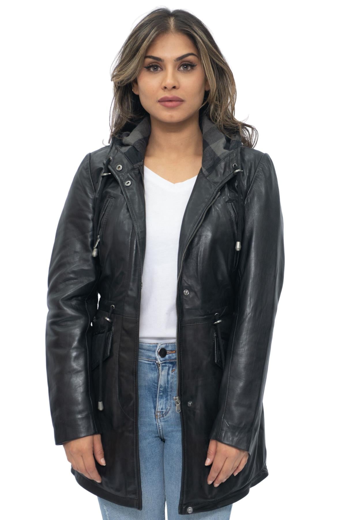 Womens Leather Hooded Parka Jacket-Bucharest