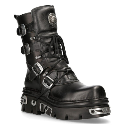 New Rock Unisex Black Leather Gothic Mid-Calf Boots-373-S4
