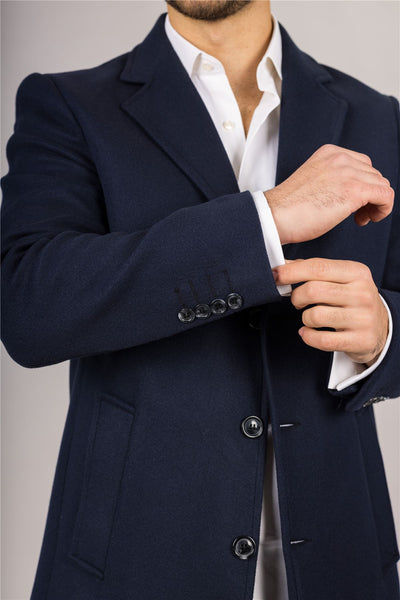 Men's Notched Lapel Collar Wool Blend Navy Overcoat