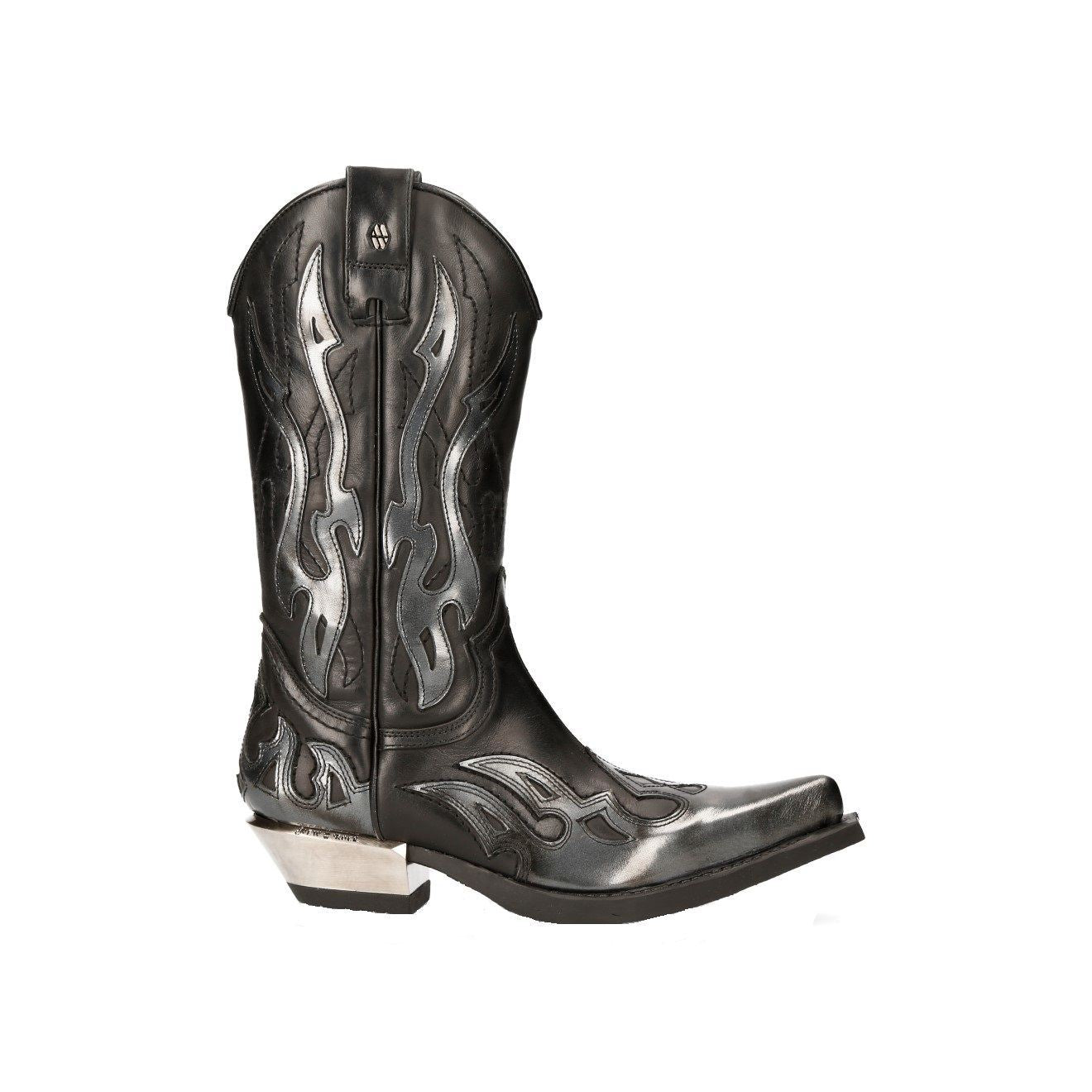 New Rock Flame Accented Black/Silver Leather Biker Cowboy Boots- M-7921-S3