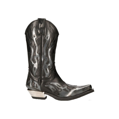 New Rock Flame Accented Black/Silver Leather Biker Cowboy Boots- M-7921-S3