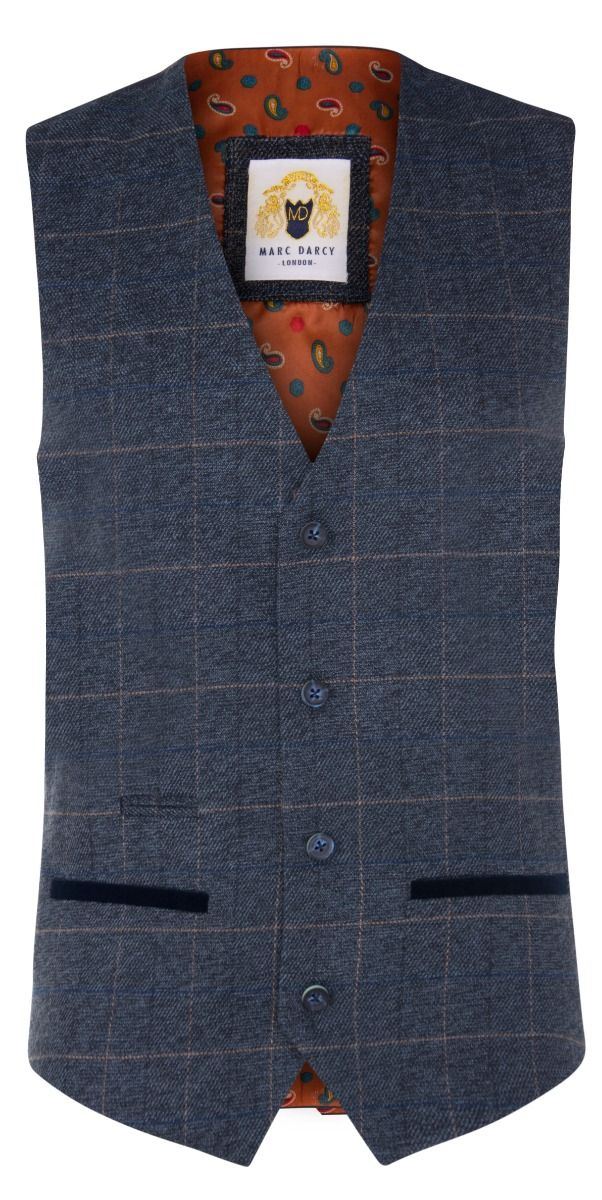 Marc Darcy Mens Blue Tweed Waistcoat Peaky Blinders Check Wool Herringbone