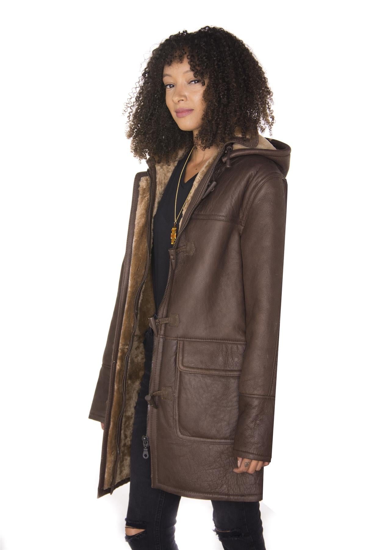 Womens Brown Hooded Sheepskin Leather Duffle Coat-Rugby