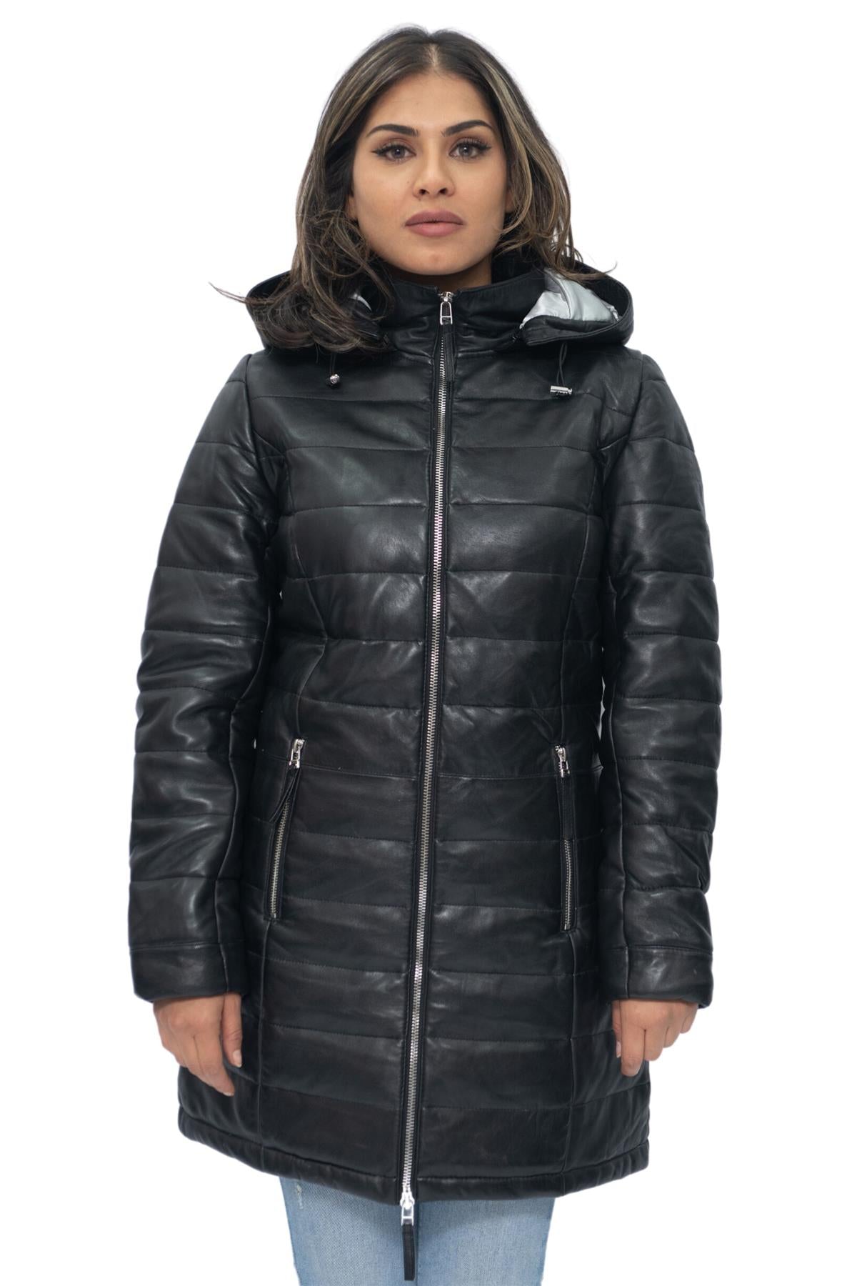 Womens Leather Puffer Parka Jacket-Andria