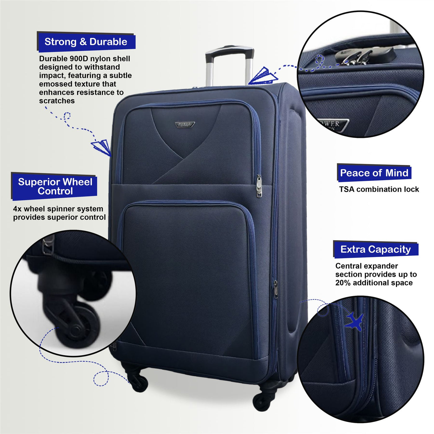 Soft Shell Lightweight Nylon Suitcase Set 4 Wheel Travel Case Holiday Bags
