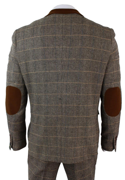 Mens 3 Piece Tan Tweed Check Suit