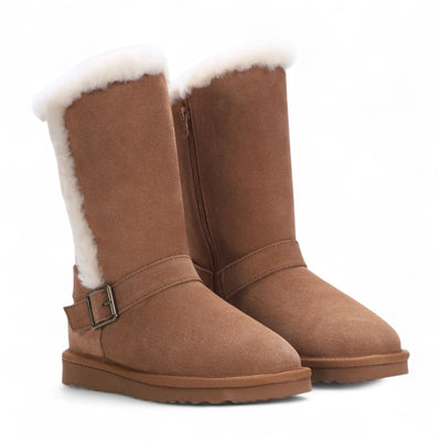 Women's Genuine Sheepskin Suede Calf Winter Warm Boots - Redwood