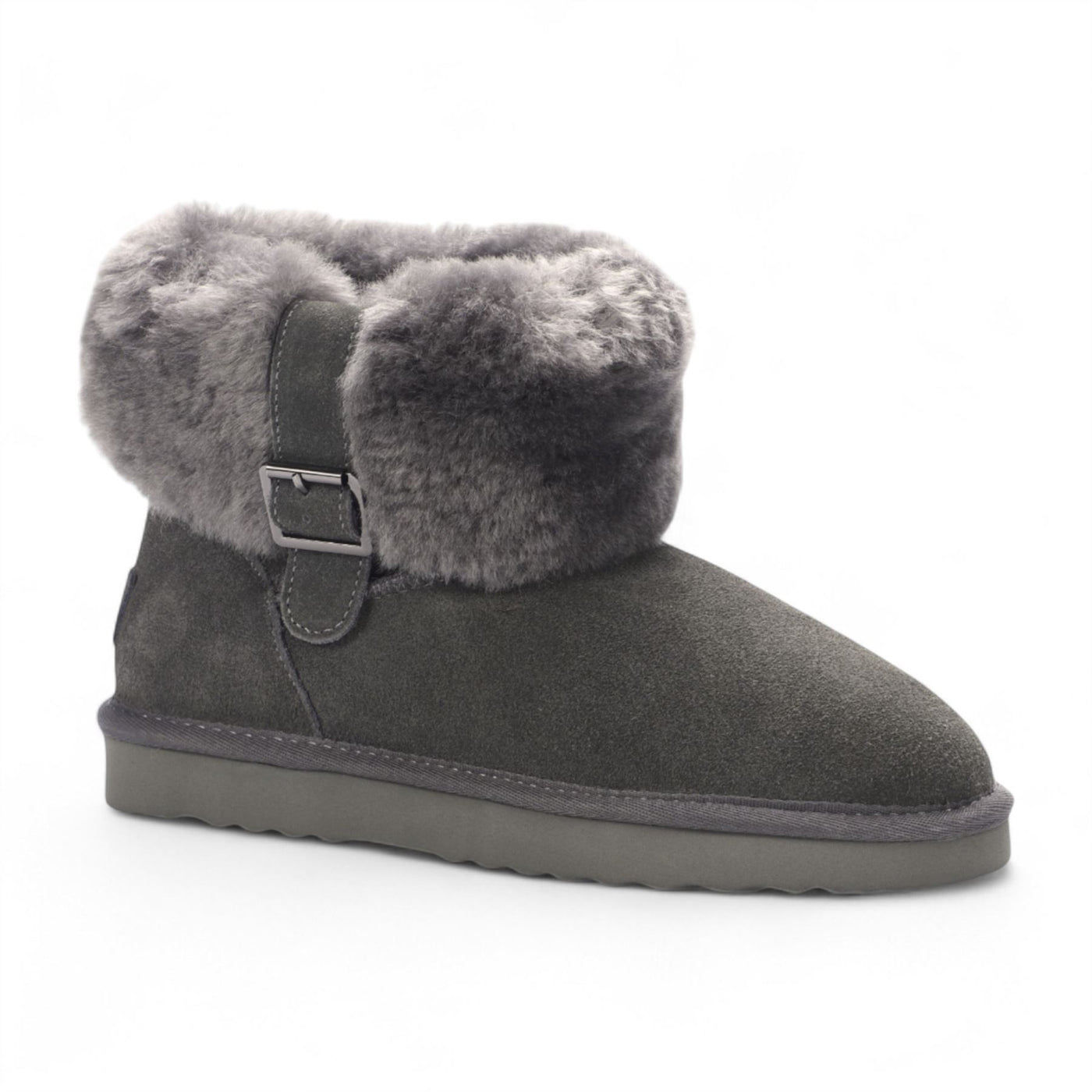 Women's Genuine Sheepskin Grey Suede Ankle Bootie Winter Boots - Granite