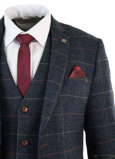 Abito vintage da uomo a quadri a spina di pesce blu navy in 3 pezzi