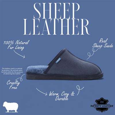 Men's Genuine Sheepskin Navy Suede Mule Winter Warm Non-Slip - Highland