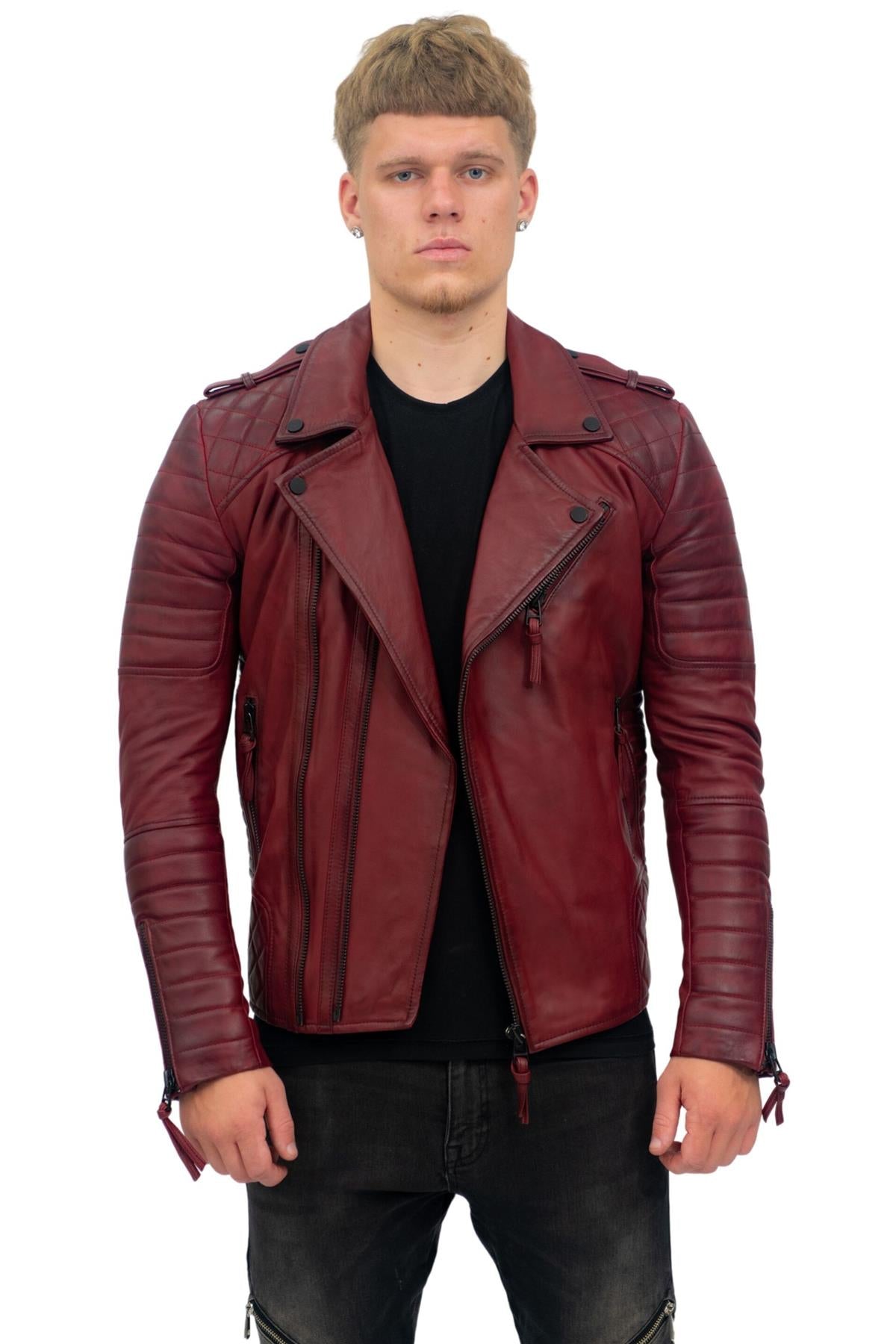 Mens Slim-Fit Double Zip Brando Leather Biker Jacket-Cairo