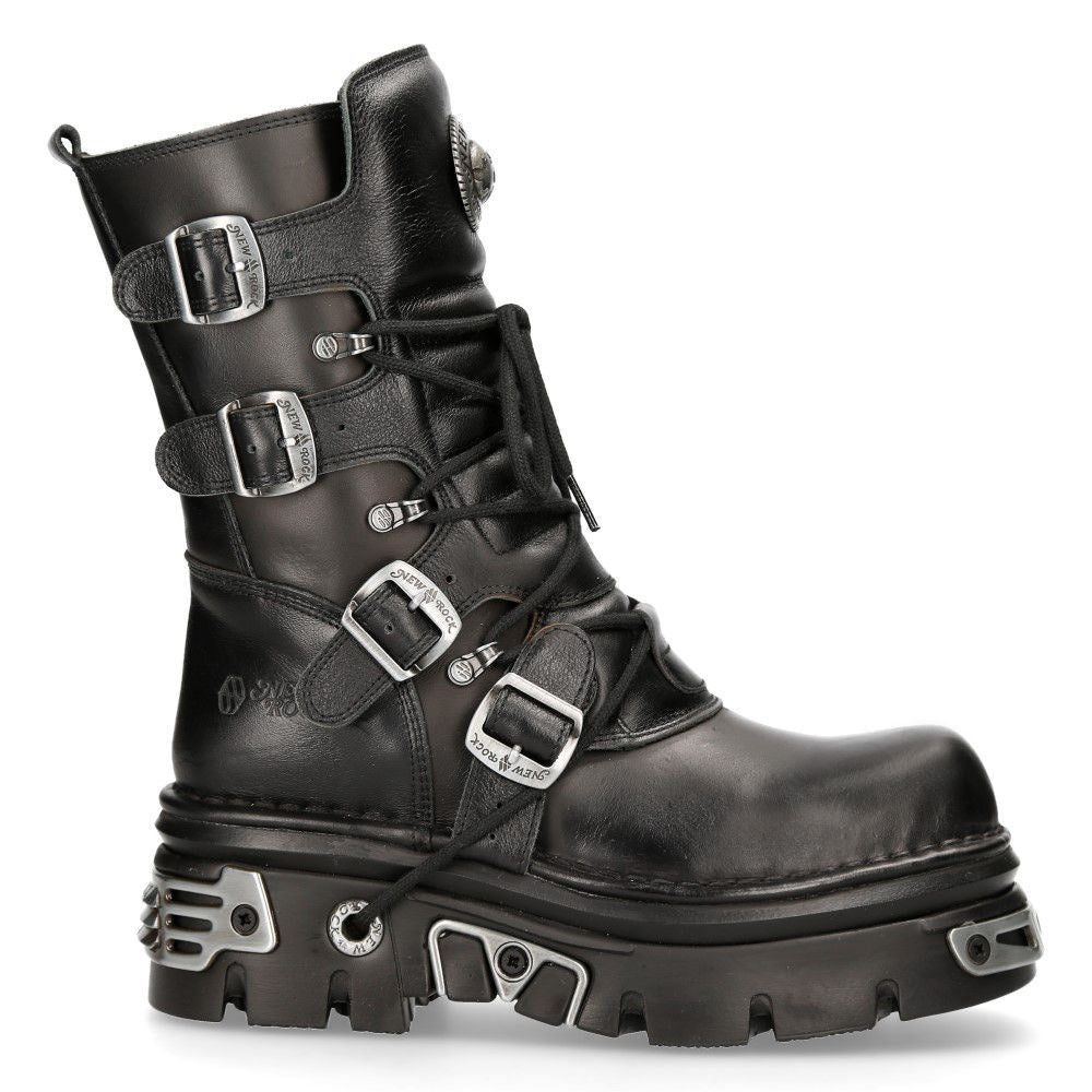 New Rock Unisex Black Leather Gothic Mid-Calf Boots-373-S4