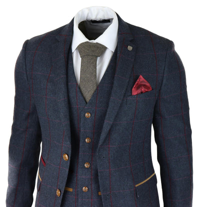 Mens Herringbone Tweed Suit 3 Piece Navy Blue Peaky Blinders 1920s Tailored Fit