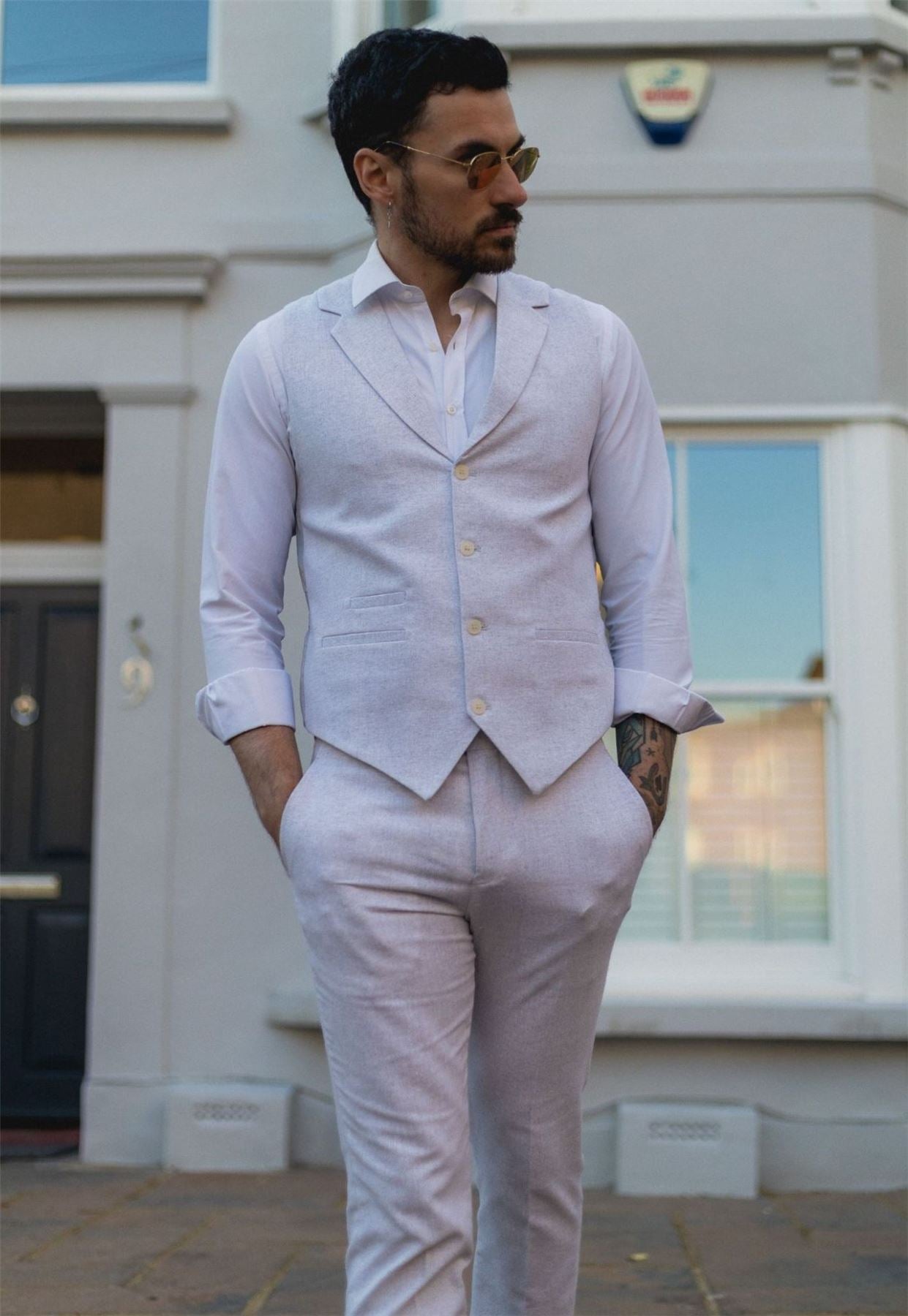 Men's Summer 2 Piece Suit Linen Formal Grey Waistcoat Trousers