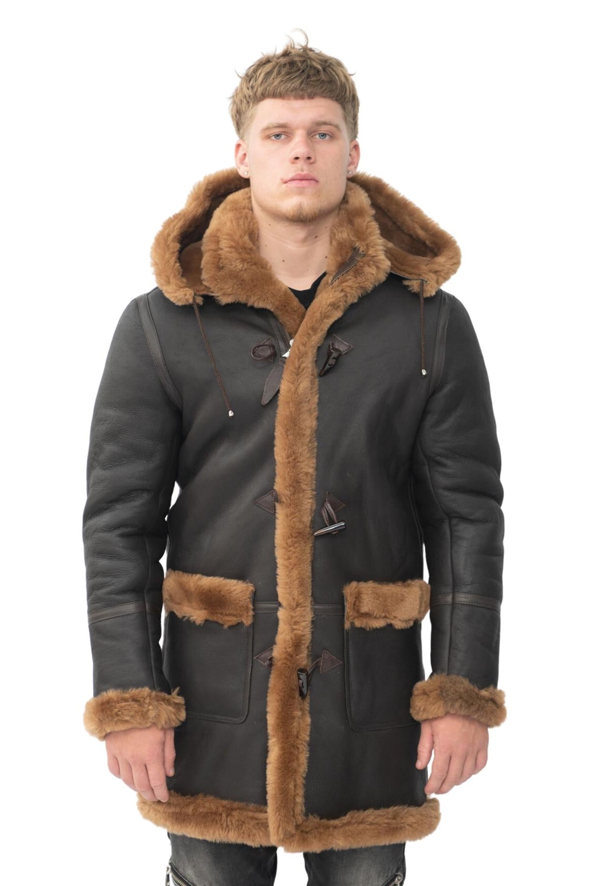 Mens Winter Sheepskin Hooded Duffle Coat-Isleworth