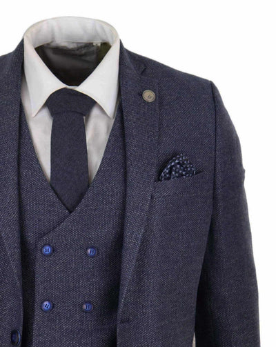 Mens Blue Wool 3 Piece Suit Double Breasted Waistcoat Tweed Peaky Blinders 1920s