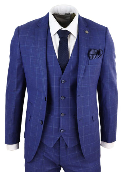 Mens 3 Piece Royal Blue Check Vintage Retro Suit