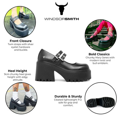 Windsorsmith Women’s Lessons Black Leather Boots Chunky Platform Heel Buckle Mary-Jane Shoes