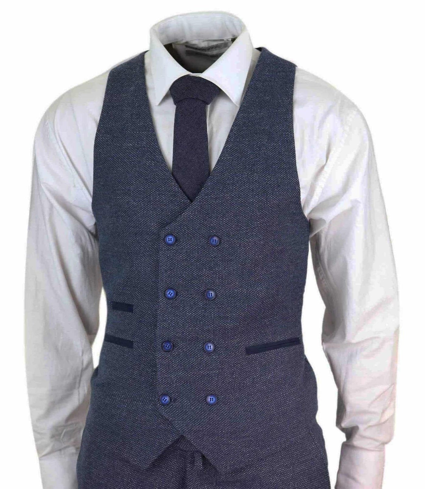 Mens Blue Wool 3 Piece Suit Double Breasted Waistcoat Tweed Peaky Blinders 1920s