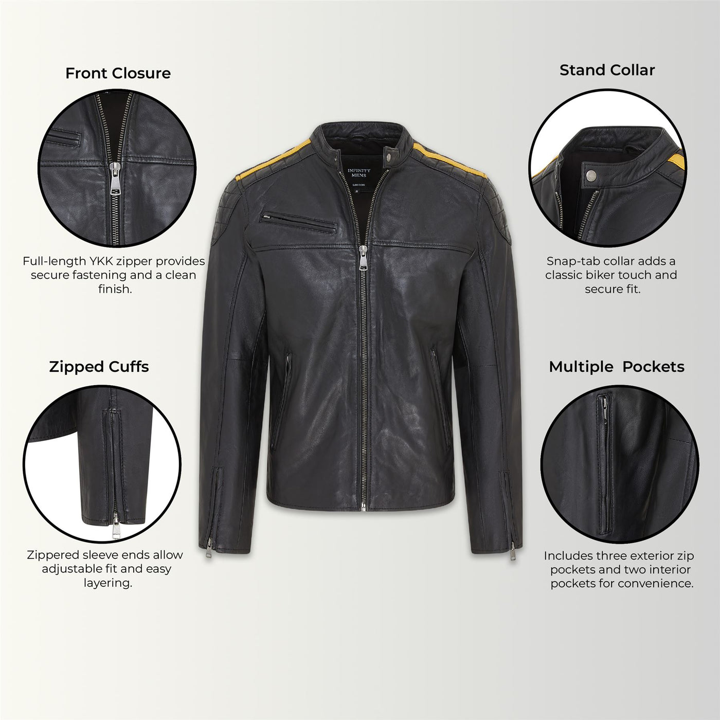 Men's Classic Quilted Black Yellow Leather Biker Jacket - Meridian