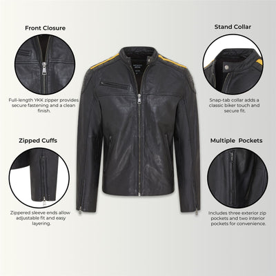 Men's Classic Quilted Black Yellow Leather Biker Jacket - Meridian