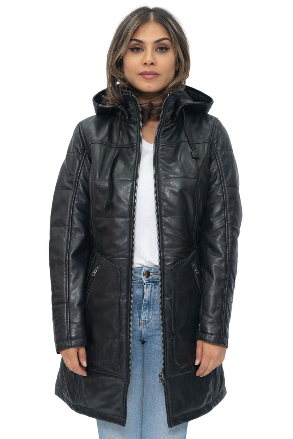 Women's Leather Quilted Parka Coat-Allentown