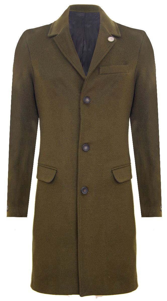 Men's Long Olive Wool Slim Fit Overcoat