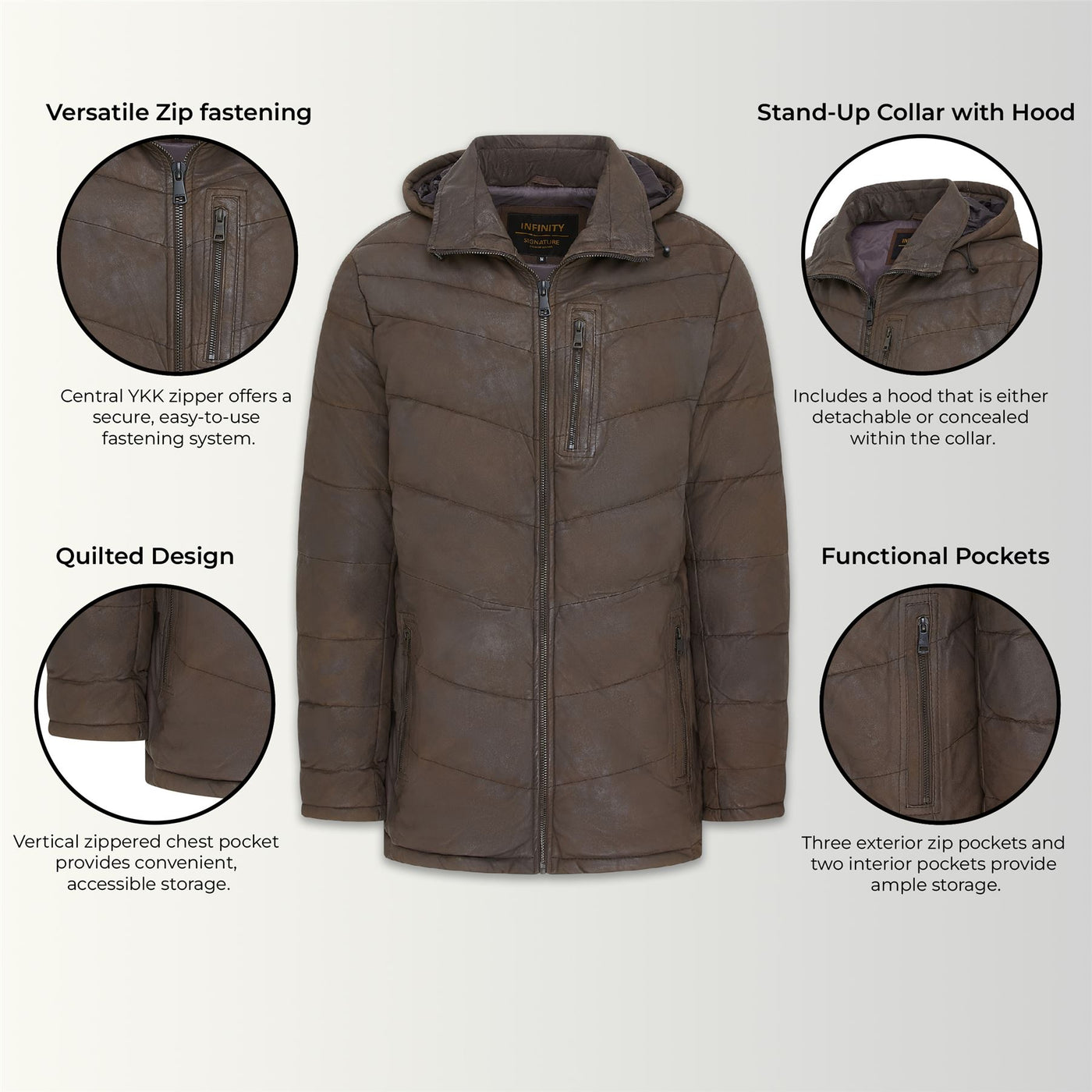 Men's Leather Quilted Jacket Hooded Puffer Winter Coat - Olyic