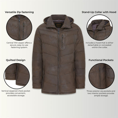 Men's Leather Quilted Jacket Hooded Puffer Winter Coat - Olyic