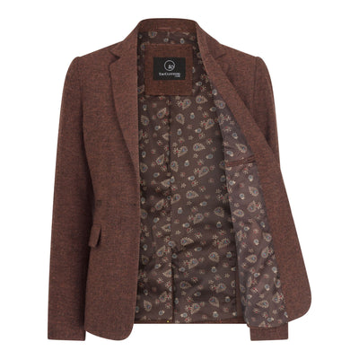 Women's Rust Brown 2 Piece Set Herringbone Wool Tweed Check Blazer Waistcoat