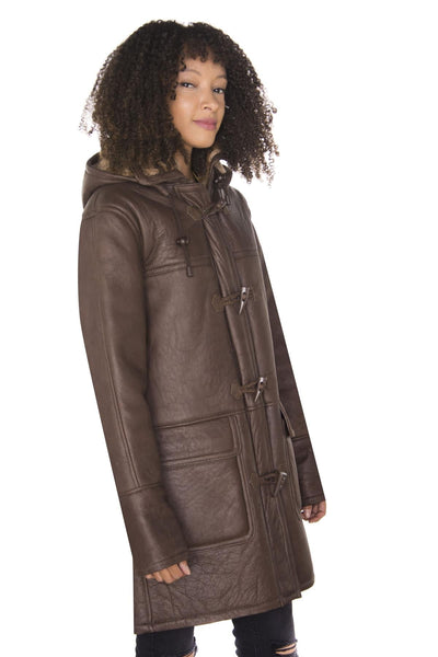 Womens Brown Hooded Sheepskin Leather Duffle Coat-Rugby