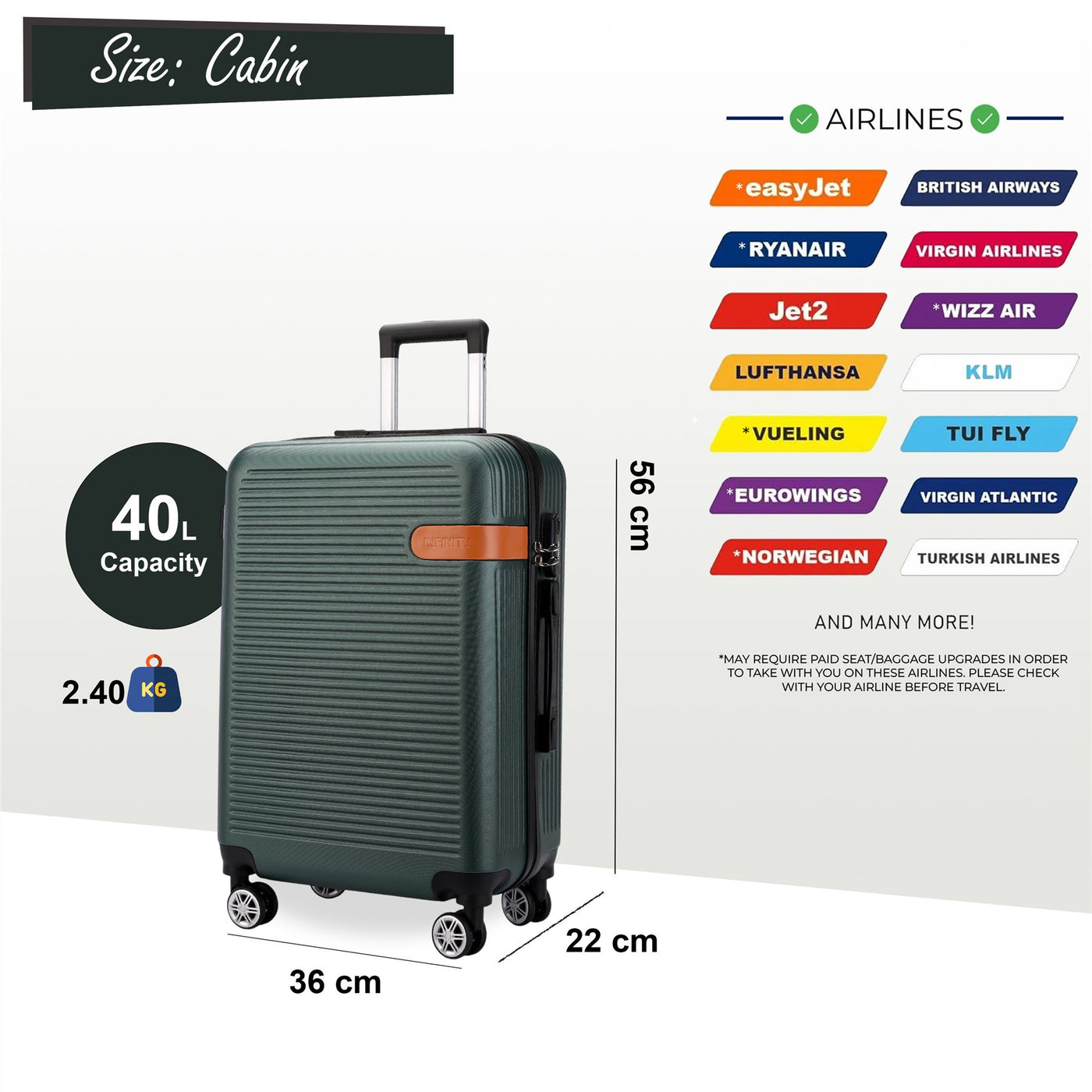 Hard Shell Cabin 36 x 22 x 56 cm ABS Suitcase Suitable for Easyjet, Ryanair, Wizzair