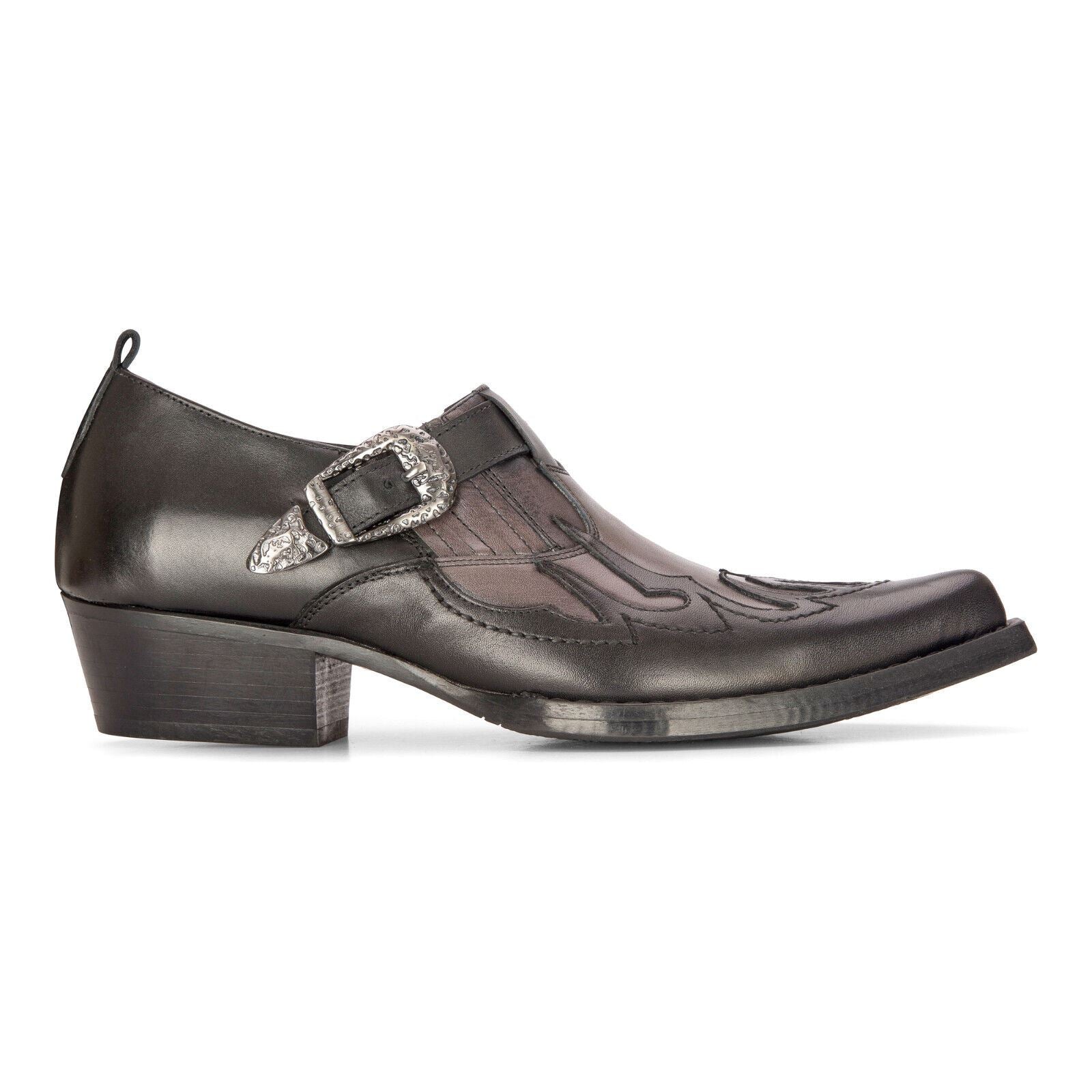 Men's Leather Western Shoes Black Cuban Cowboy Winklepickers Classic B ...