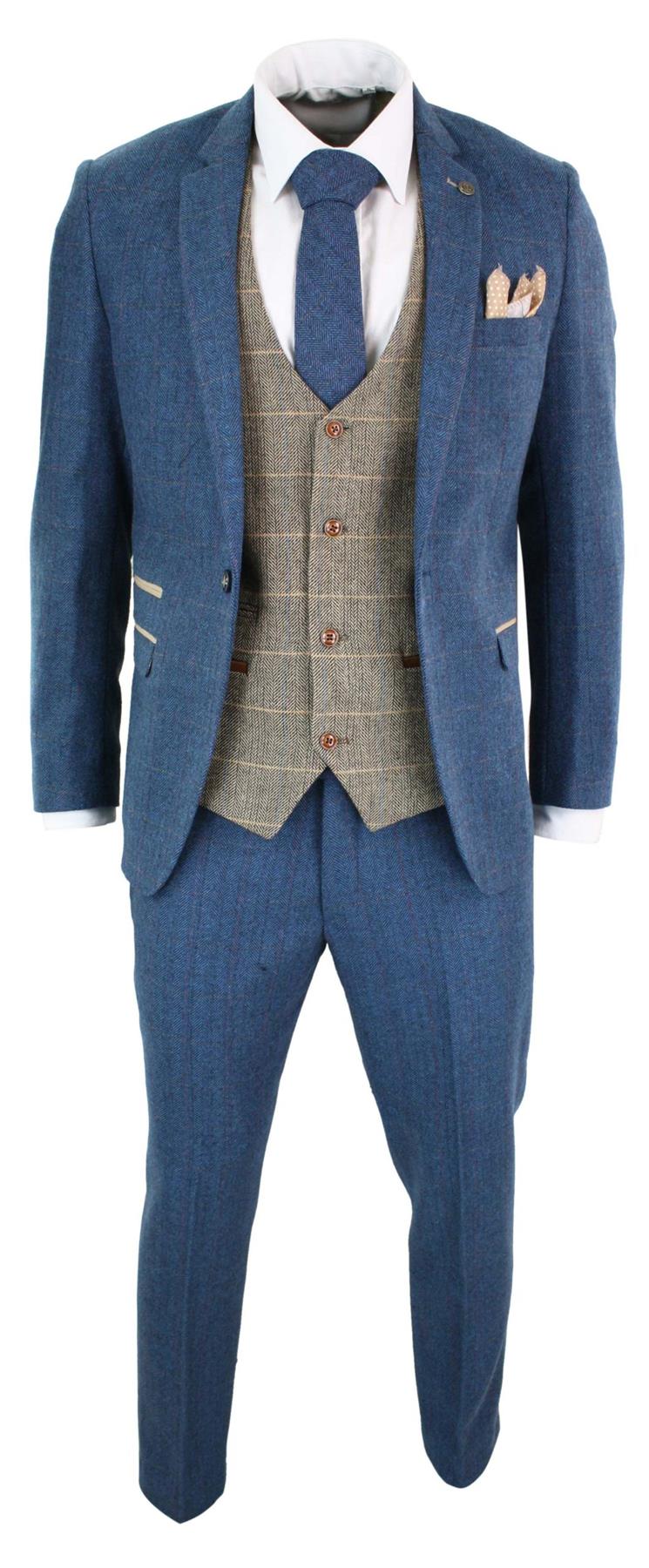 Mens 3 Piece Blue Tweed Vintage Suit