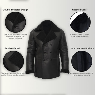 Mens Double Breasted Shearling Sheepskin Pea Coat-Valencia