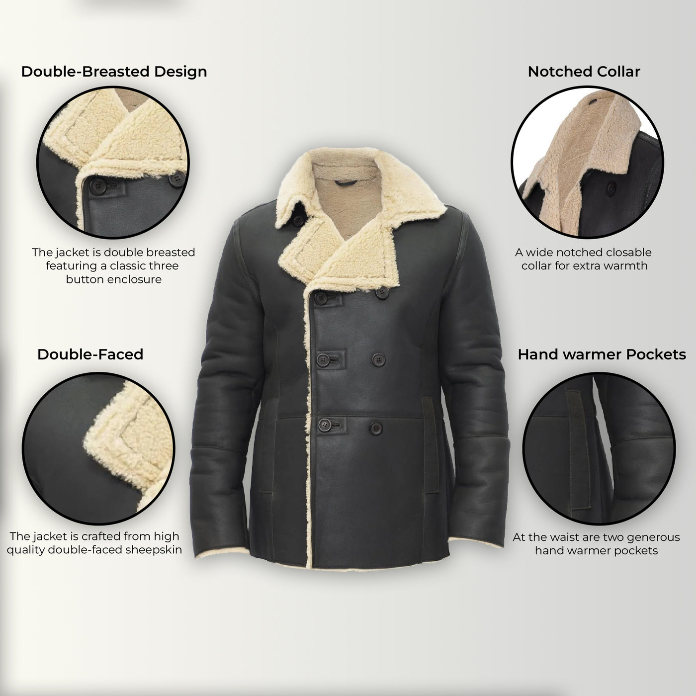 Mens Double Breasted Shearling Sheepskin Pea Coat-Valencia