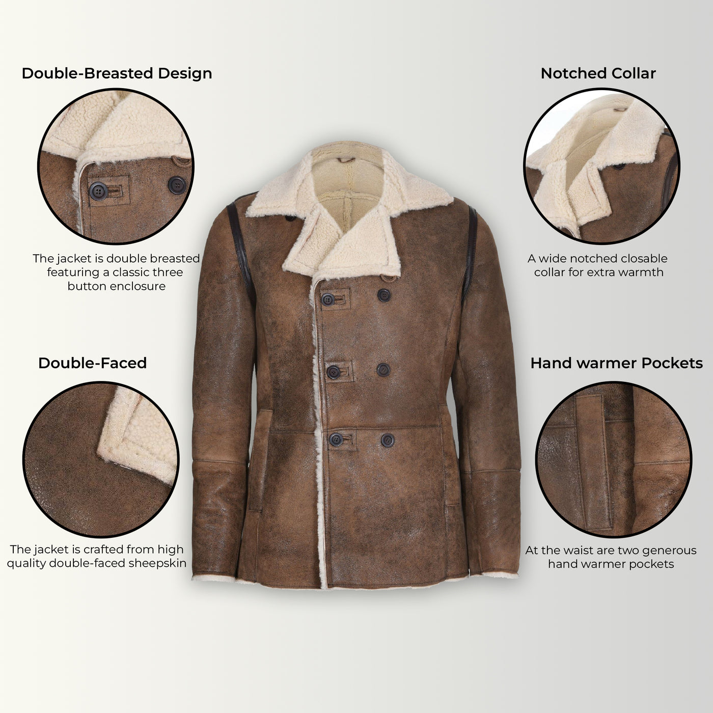 Mens Double Breasted Shearling Sheepskin Pea Coat-Valencia