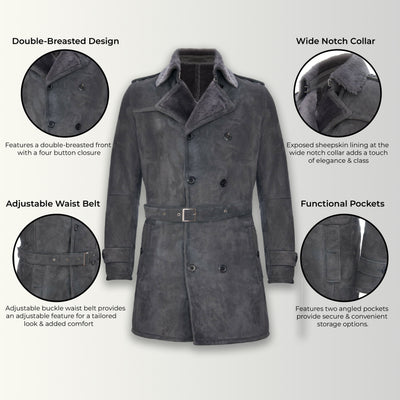 Mens Shearling Sheepskin Suede Pea Coat-Cali